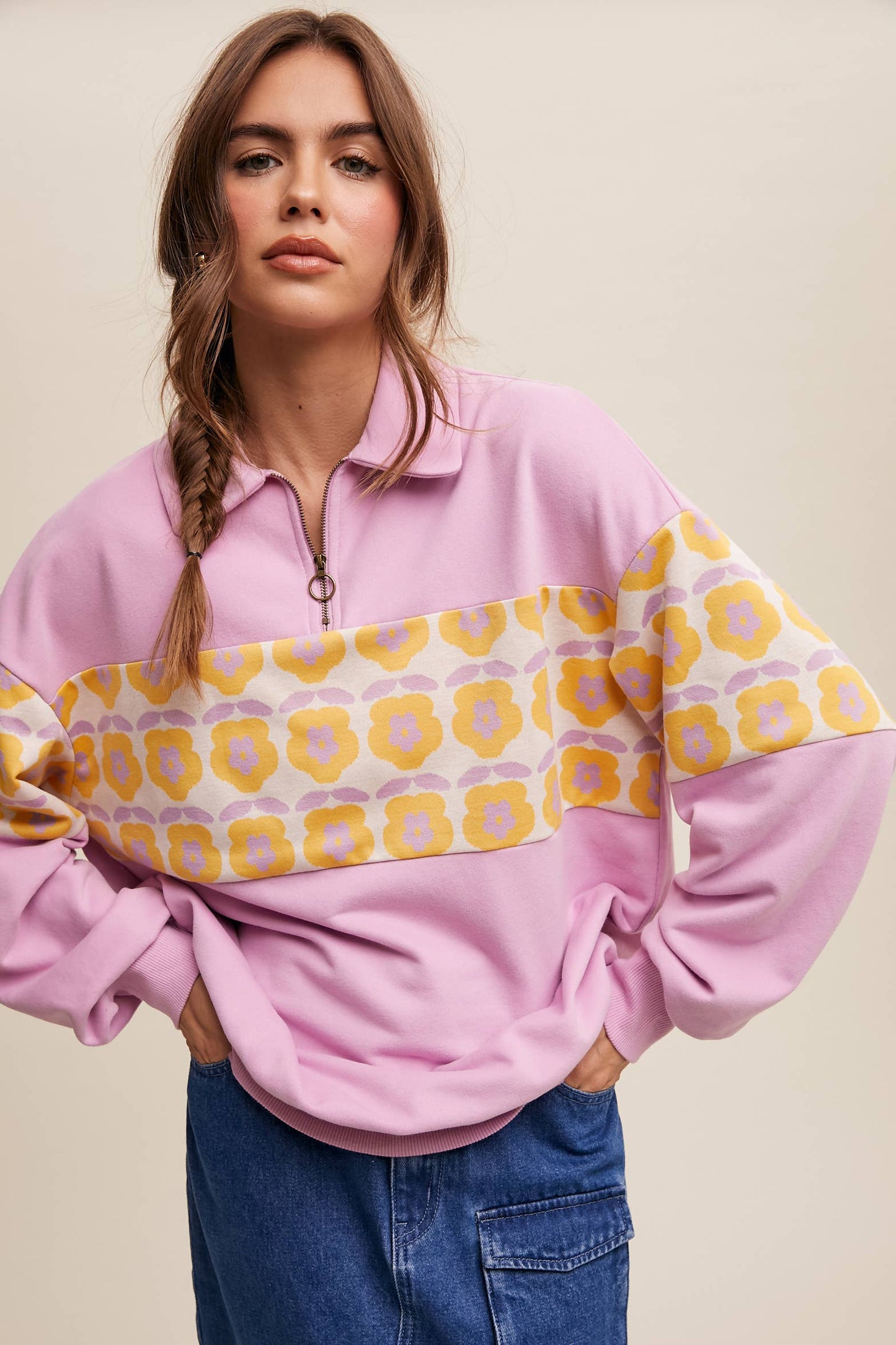 Retro Flower Panel Half-Zip Pullover