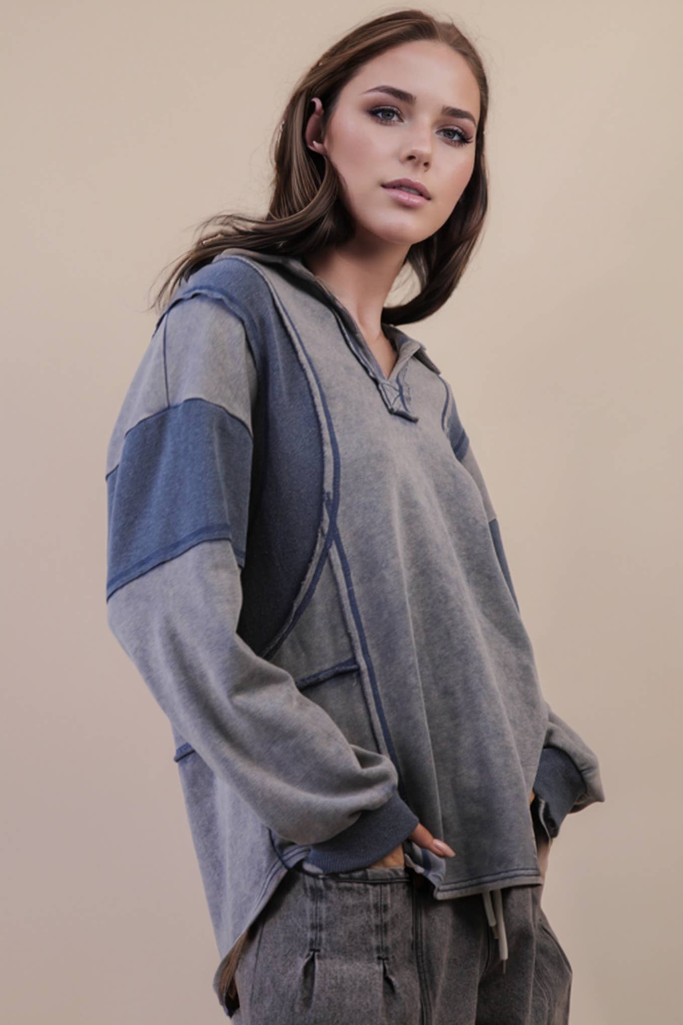 Mineral Washed Oversized French Terry Knit Top: DENIM