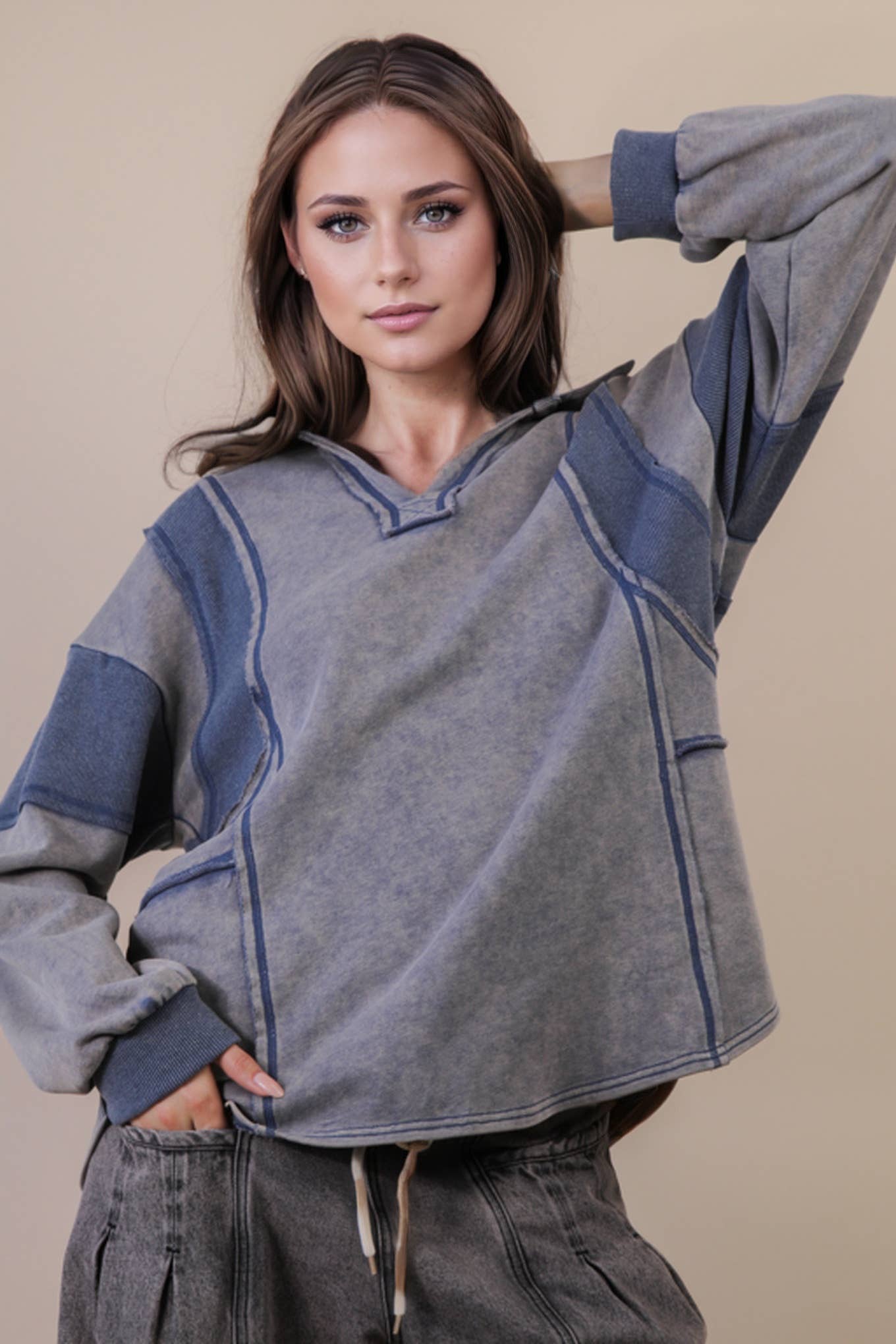 Mineral Washed Oversized French Terry Knit Top: DENIM