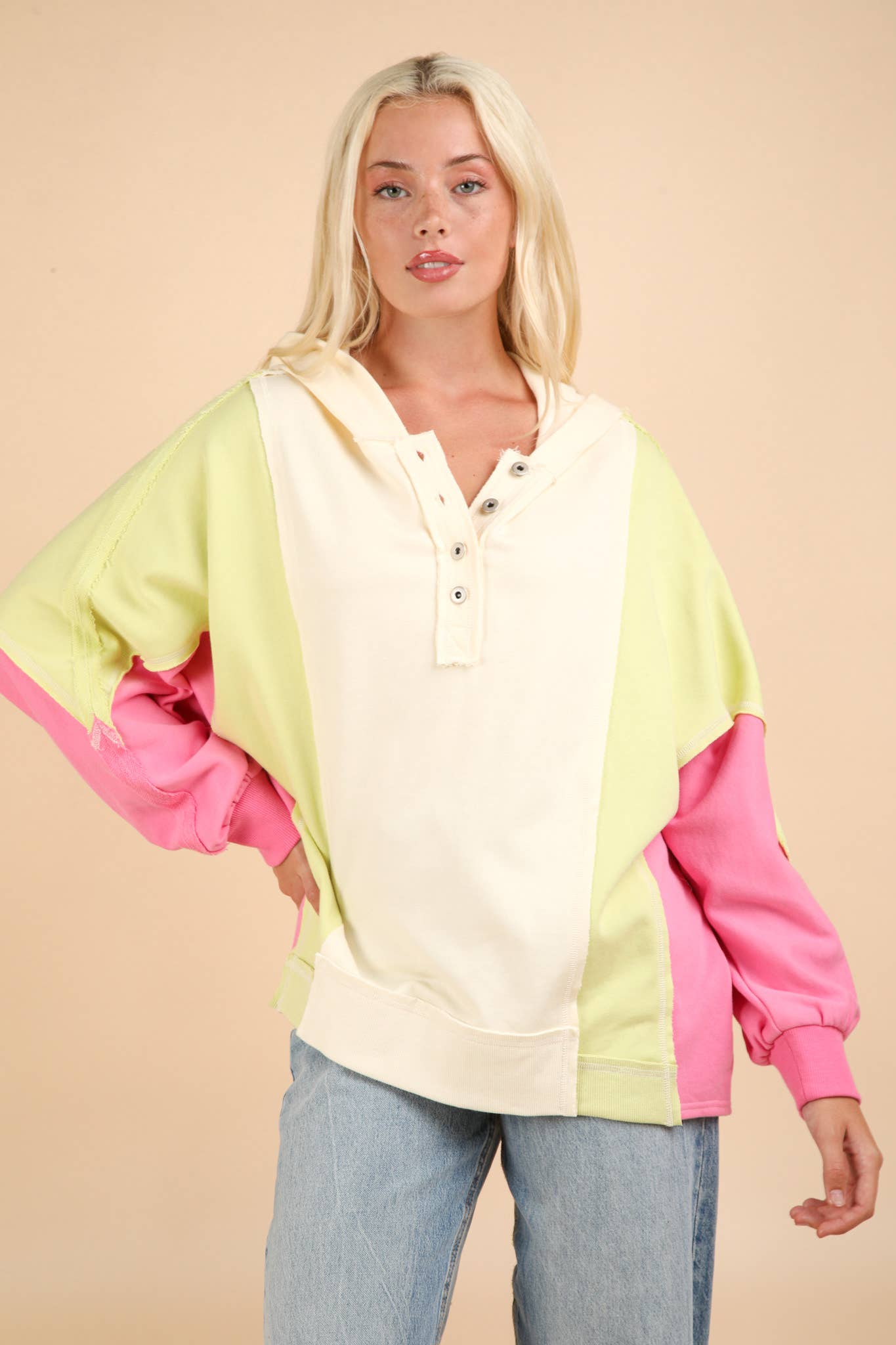Color Block Dolman Sleeve Hoodie Knit Top