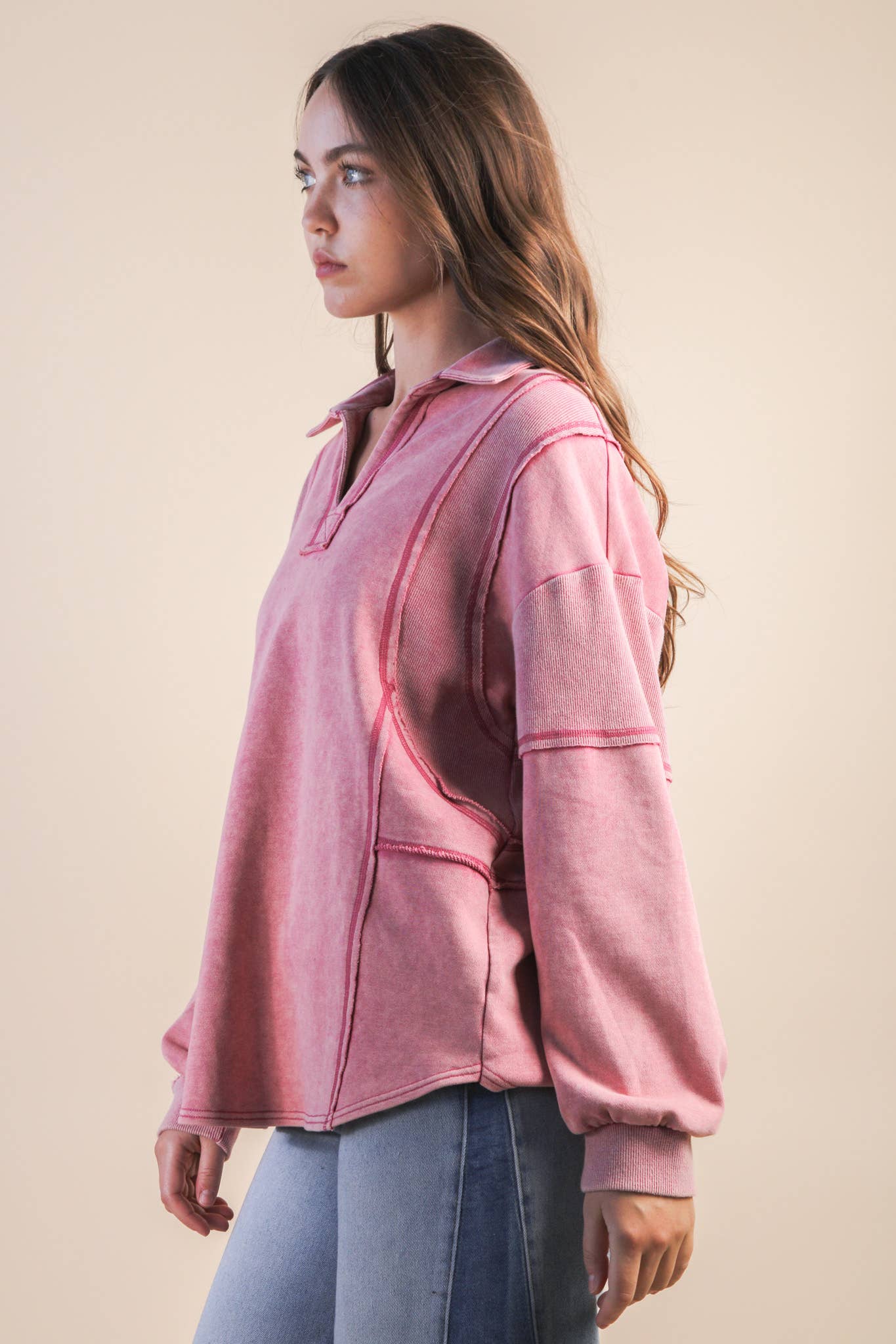 Mineral Washed Oversized French Terry Knit Top: MAUVE