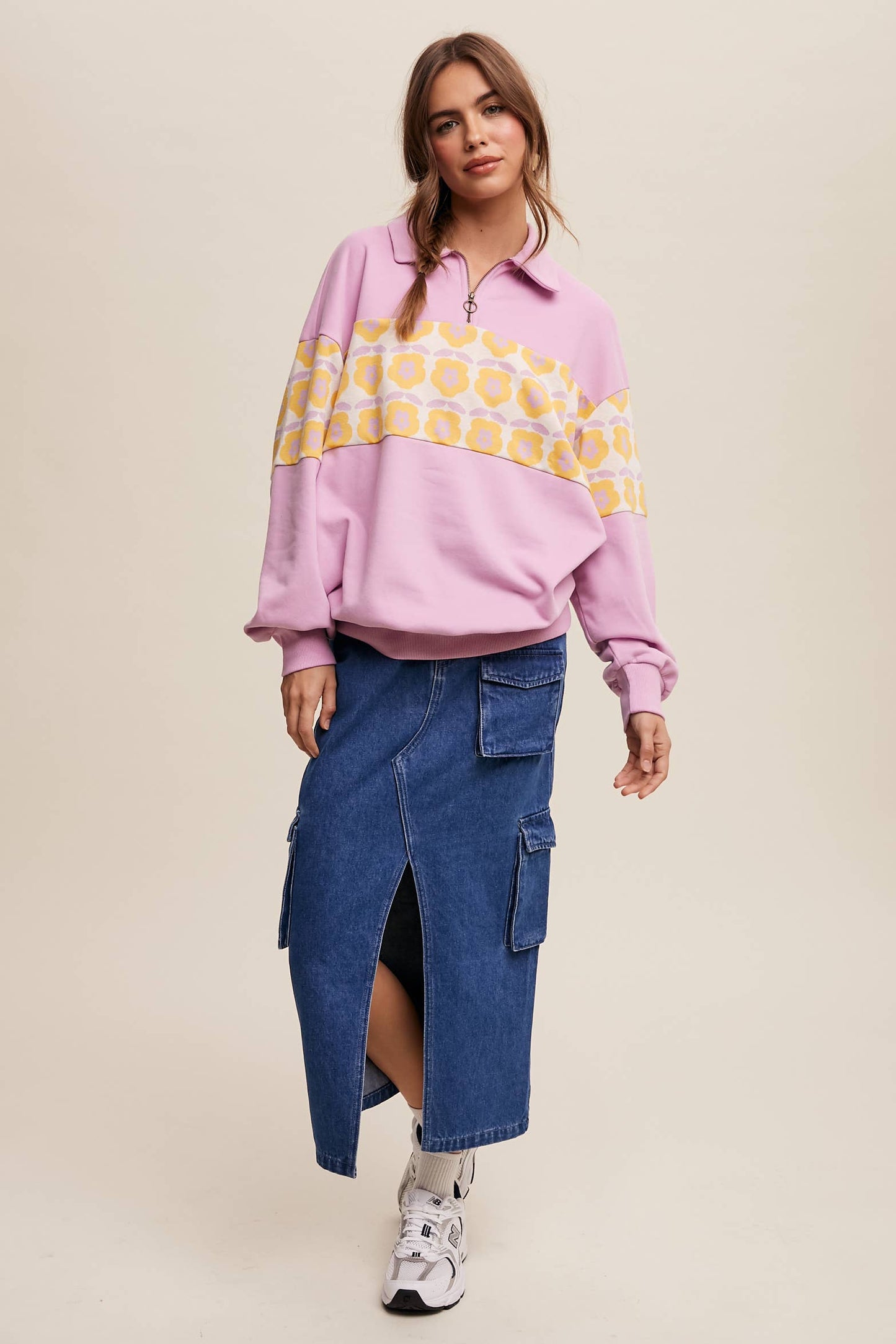 Retro Flower Panel Half-Zip Pullover