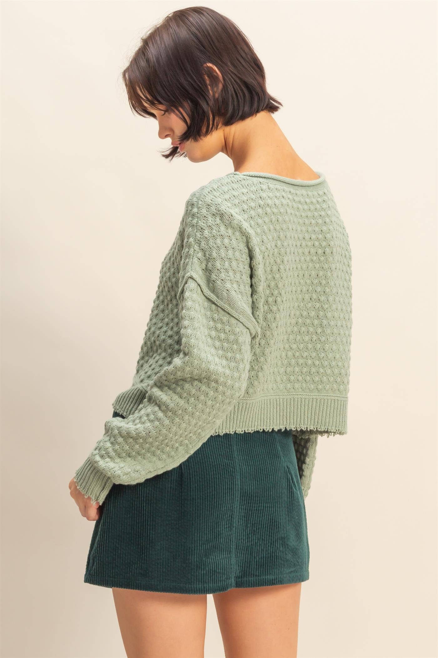 Textured Round Neck Long Sleeve Sweater: SAGE GREEN