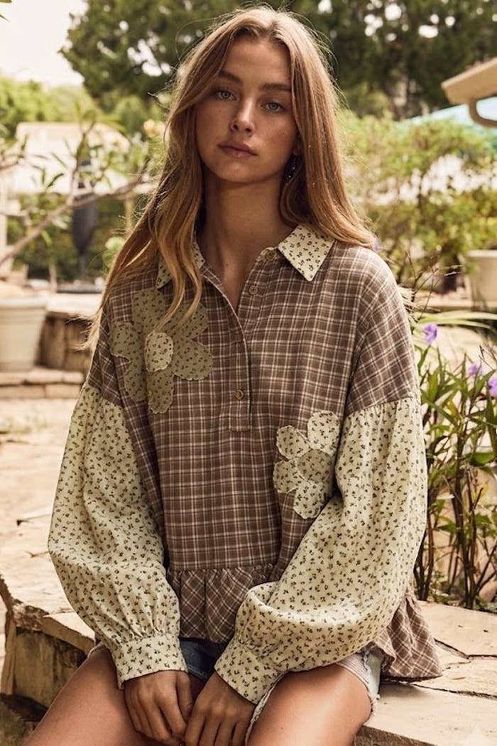 Plaid Button-up Shirt : TAUPE COMBO
