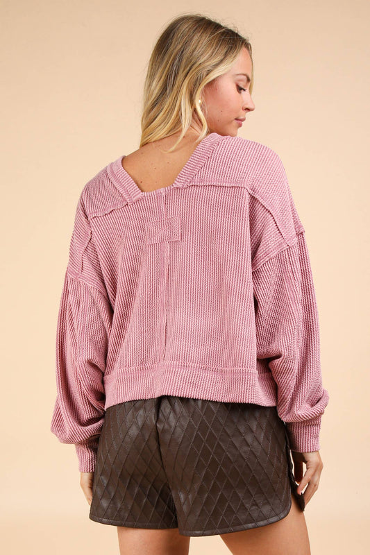 Two Tone Otto Ribbed Oversized Soft Comfy knit Top: Pink