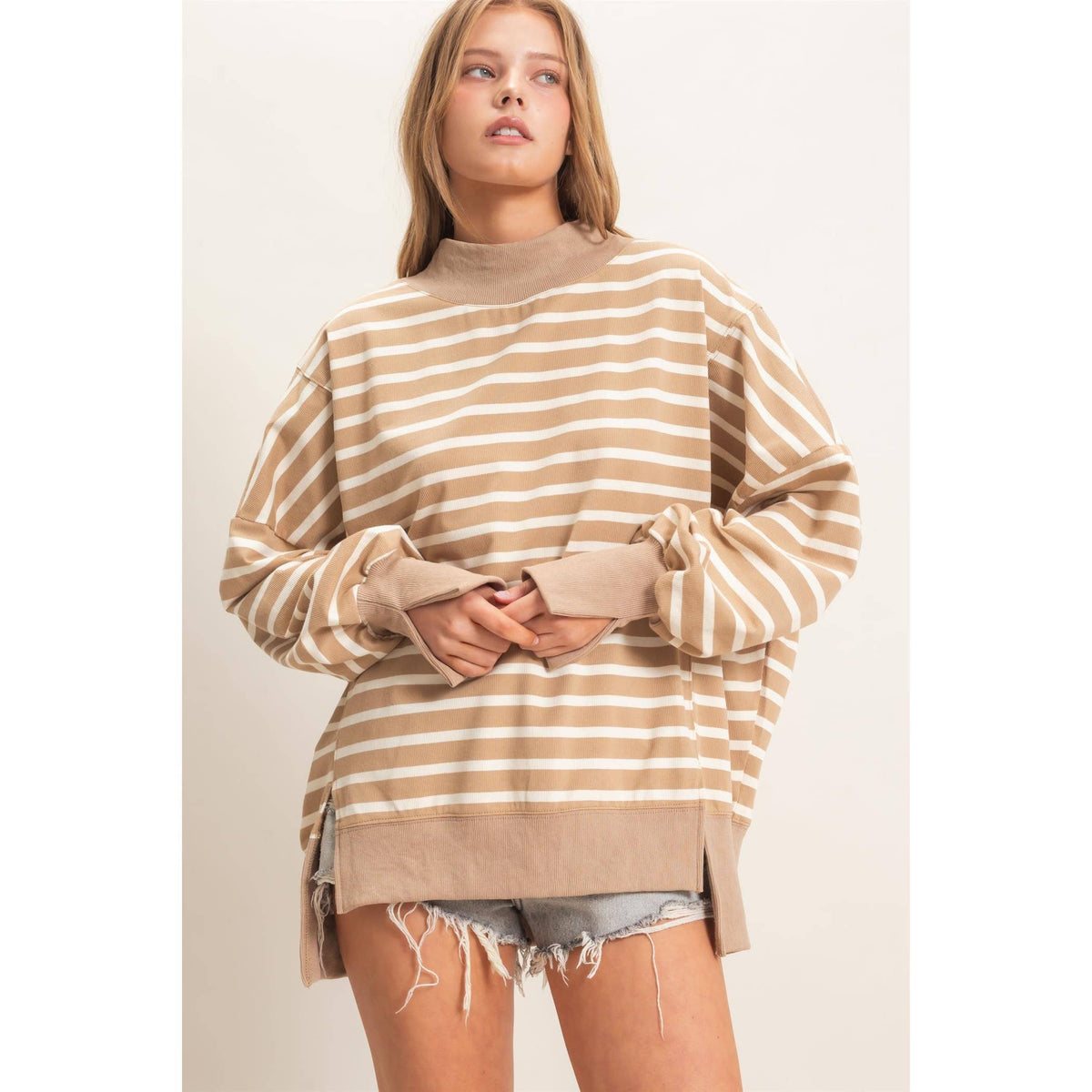 Striped Mock Neck Sweatshirt: TAUPE/CREAM