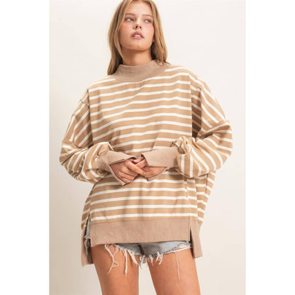 Striped Mock Neck Sweatshirt: TAUPE/CREAM