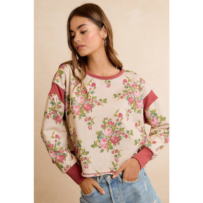 FLORAL BRUSHED TERRY OPEN BACK LONG SLEEVES TOP