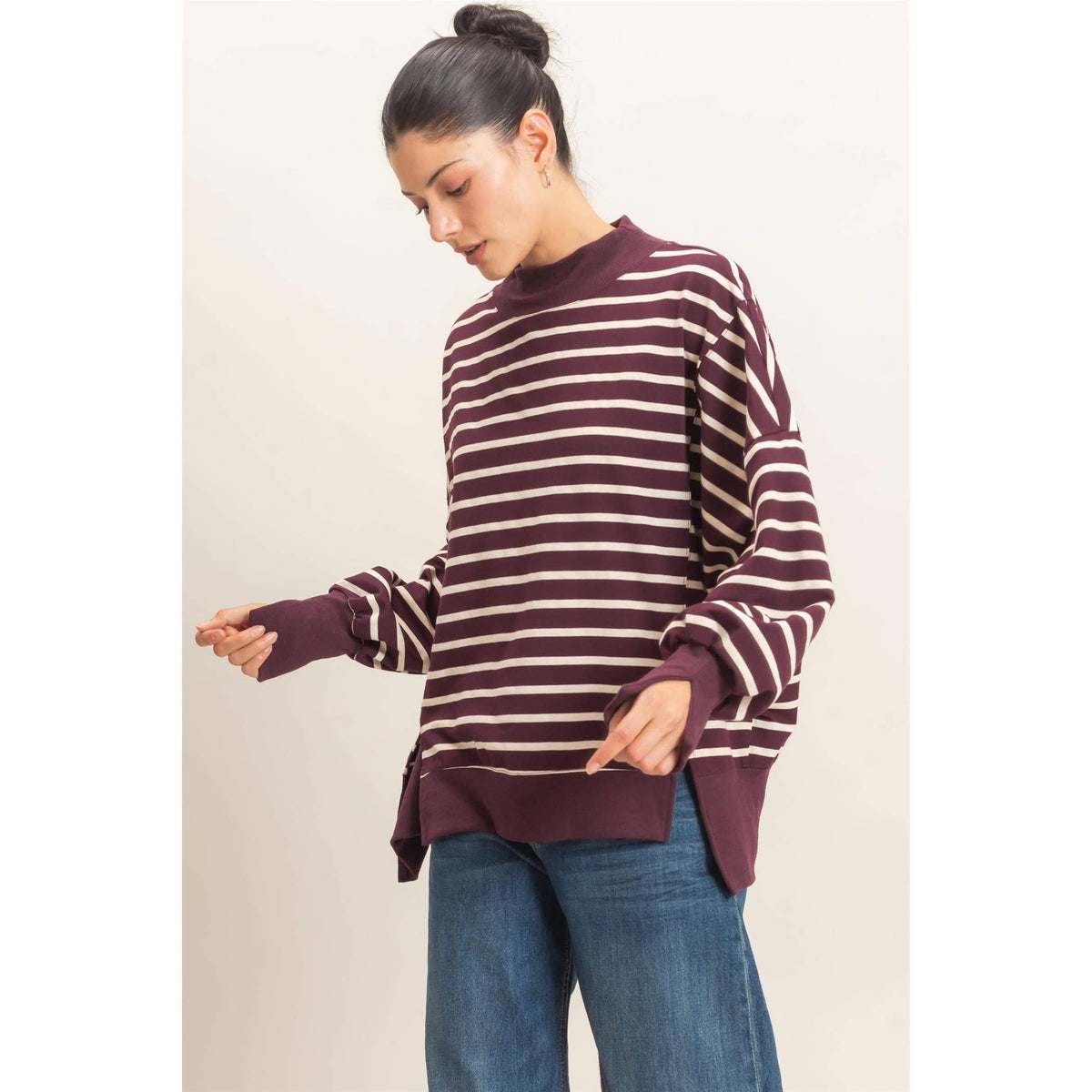 Striped Mock Neck Sweatshirt: RASPBERRY/ECRU