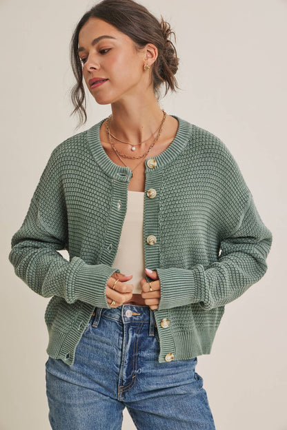 SEASONLESS MINERAL-WASHED COTTON WAFFLE BUTTON-DOWN CARDIGAN: DUSTY GREEN