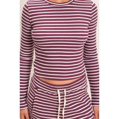 Striped Waffle Long Sleeve Set: DARK CHERRY