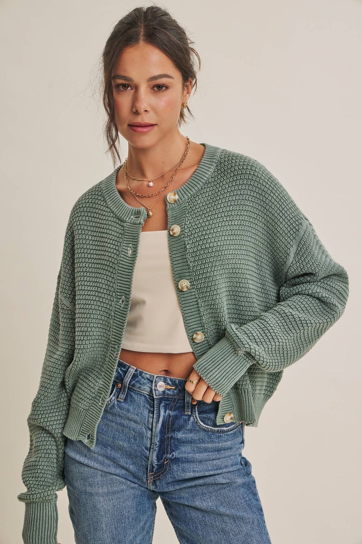 SEASONLESS MINERAL-WASHED COTTON WAFFLE BUTTON-DOWN CARDIGAN: DUSTY GREEN