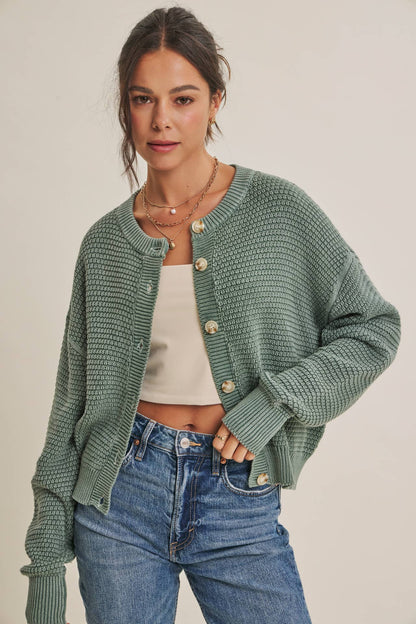 SEASONLESS MINERAL-WASHED COTTON WAFFLE BUTTON-DOWN CARDIGAN: DUSTY GREEN