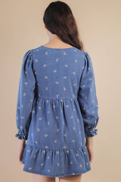 Soft Washed Denim Printed Casual Mini Dress