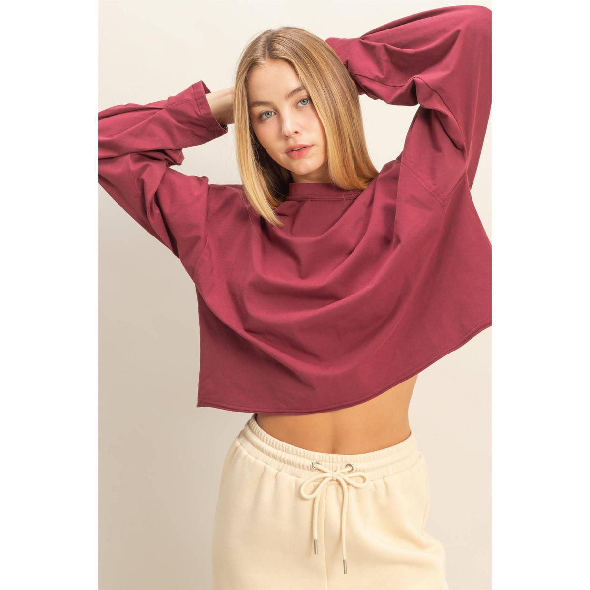 Mineral Washed Casual Long Sleeve Top: WINE