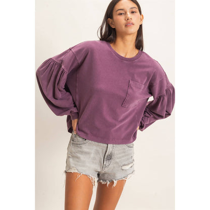 Mineral Wash Puff Long Sleeve Boxy Top: DARK CHERRY