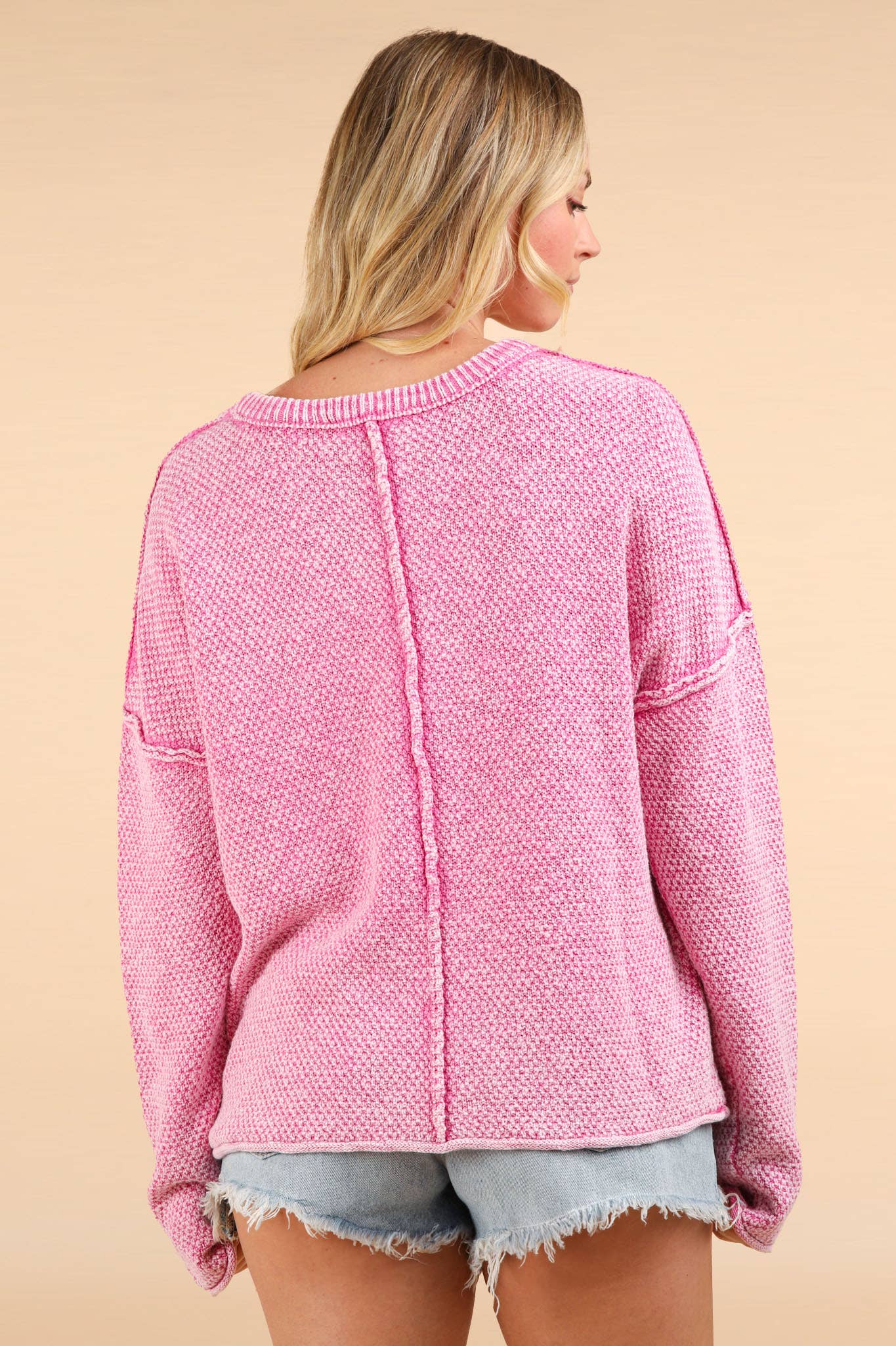 Mineral Washed Knit Oversized Sweater Pullover Top: PINK