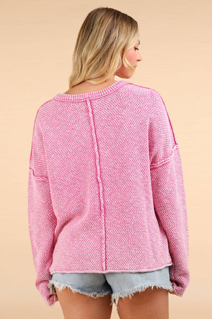 Mineral Washed Knit Oversized Sweater Pullover Top: PINK