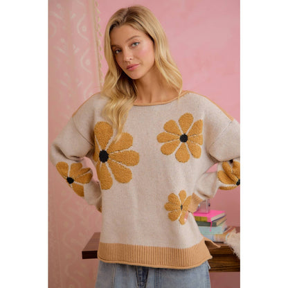 LATTE DAISY FLORAL RIBBED SWEATER