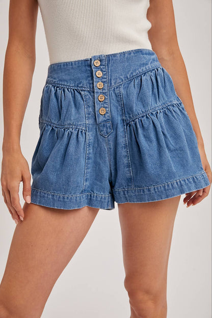 FLUER PLEATED DENIM SHORTS WITH POCKETS: MED.WASH