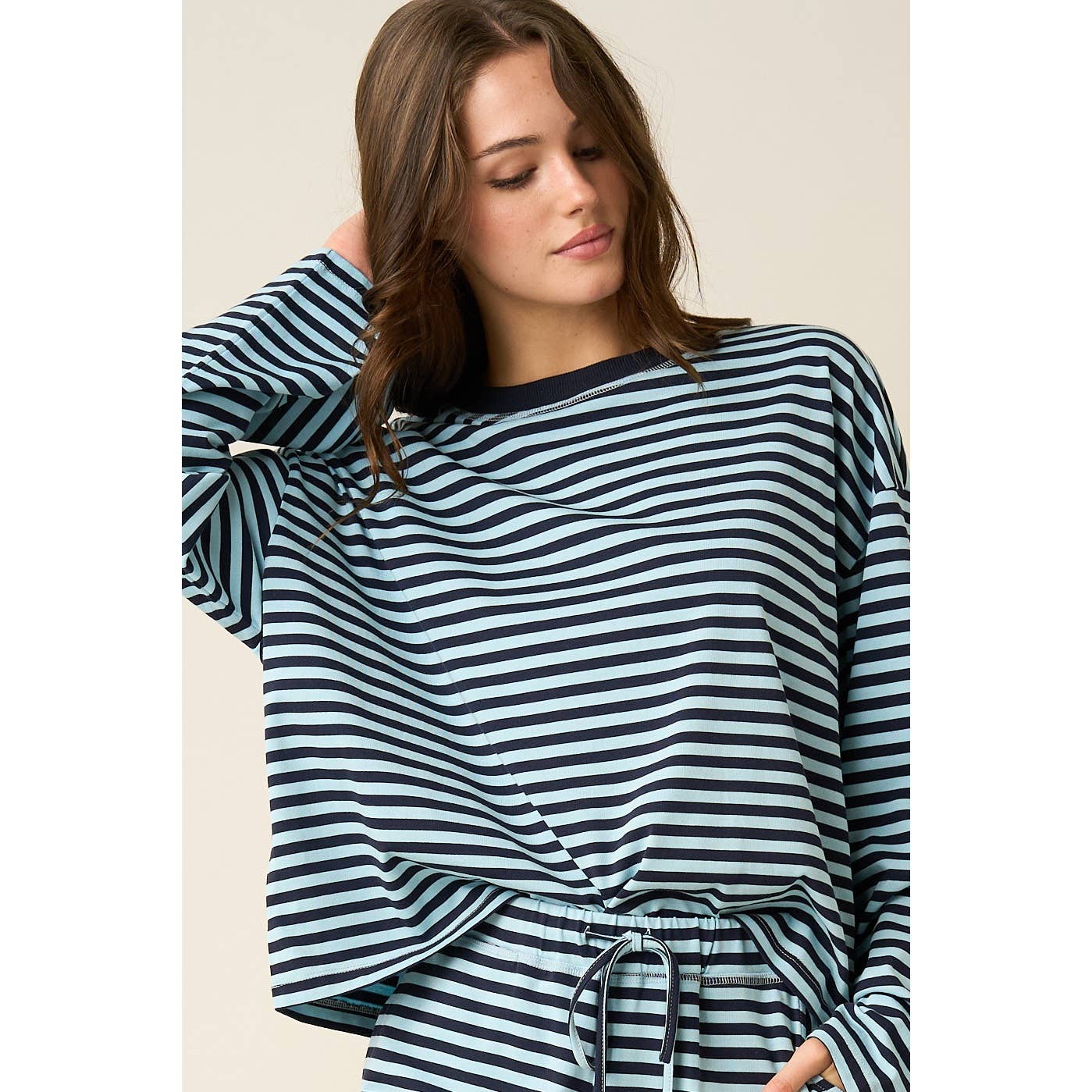 STRIPED PRINT LOUNGE TOP AND PANTS SET: SKY BLUE