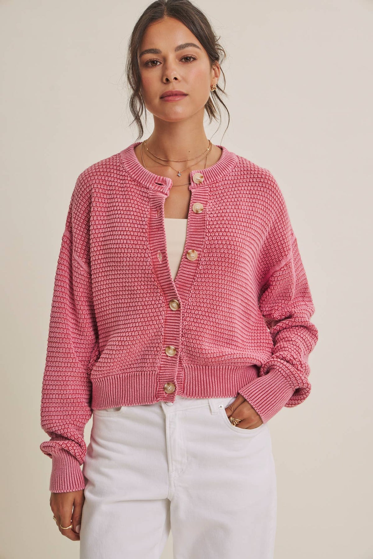 SEASONLESS MINERAL-WASHED COTTON WAFFLE BUTTON-DOWN CARDIGAN: PALE MAUVE