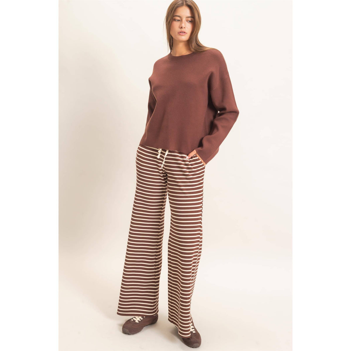 Low Rise Striped Waffle Knit Pants: DARK BROWN
