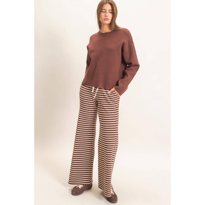 Low Rise Striped Waffle Knit Pants: DARK BROWN