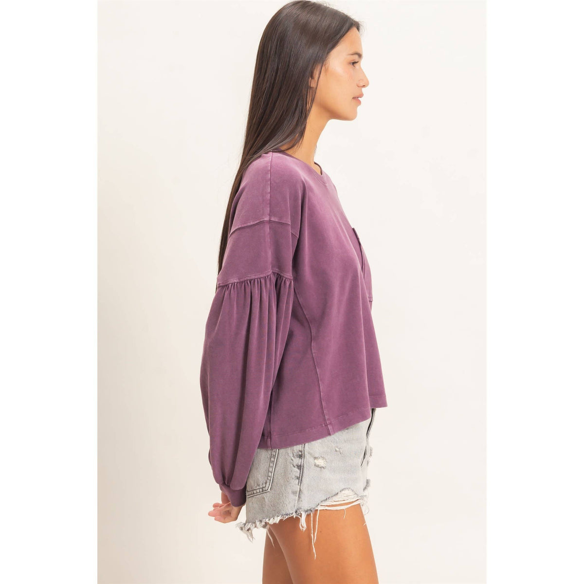 Mineral Wash Puff Long Sleeve Boxy Top: DARK CHERRY