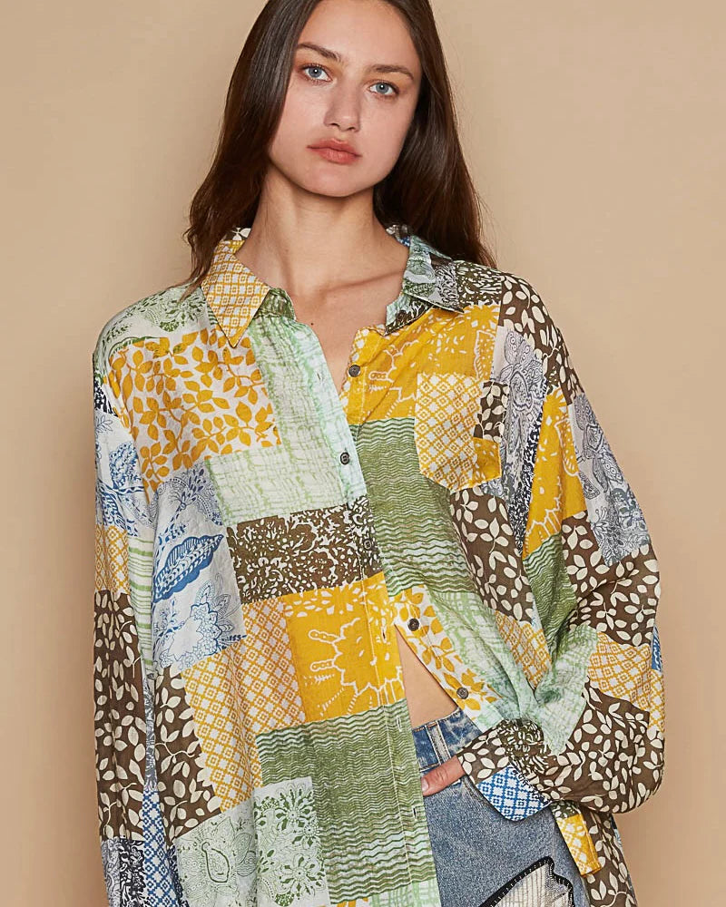 Olive Green & Yellow Gold Boho Patchwork Button Down Long Sleeve Top