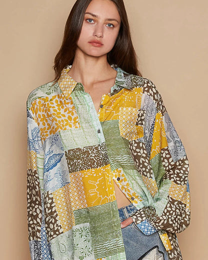 Olive Green & Yellow Gold Boho Patchwork Button Down Long Sleeve Top
