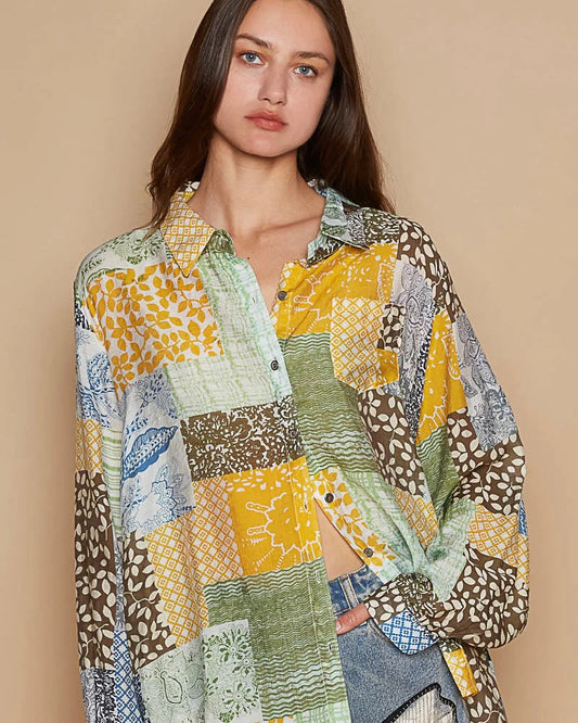 Olive Green & Yellow Gold Boho Patchwork Button Down Long Sleeve Top