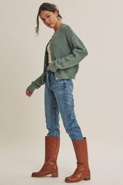 SEASONLESS MINERAL-WASHED COTTON WAFFLE BUTTON-DOWN CARDIGAN: DUSTY GREEN