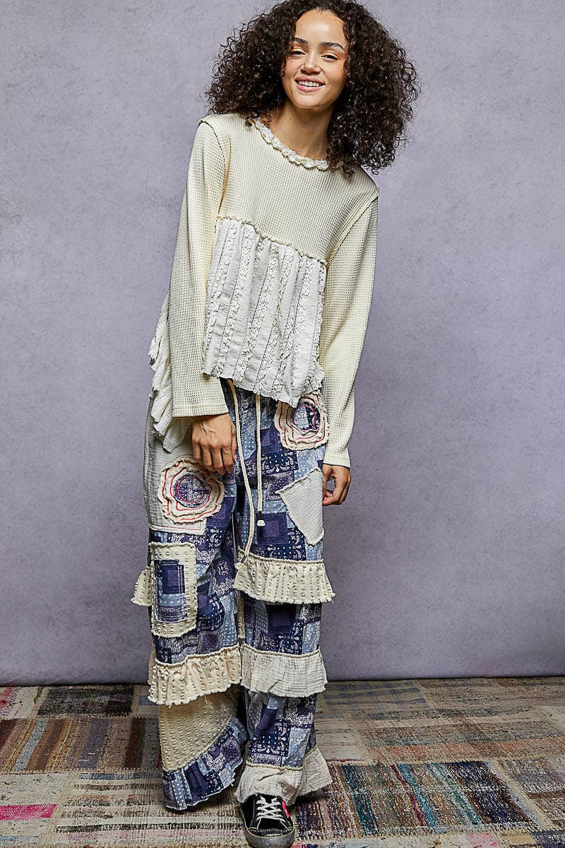 Pol Clothing - Round neck long sleeve with lace ruffle raw edge knit top