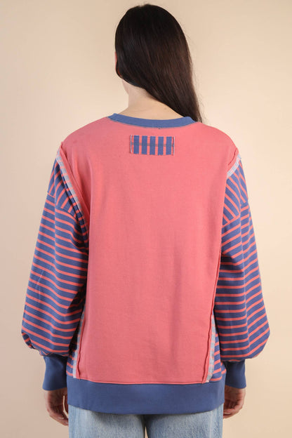 Oversized Striped Casual Knit Top: CORAL