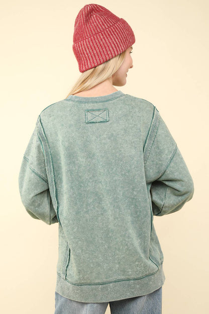 Mineral Washed French Terry Oversized Knit Top: Green