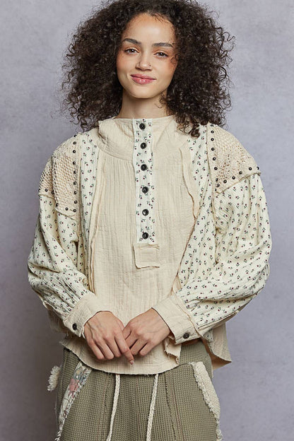 Pol Clothing - Long sleeve mock neck double gauze contrast stud hoodie top