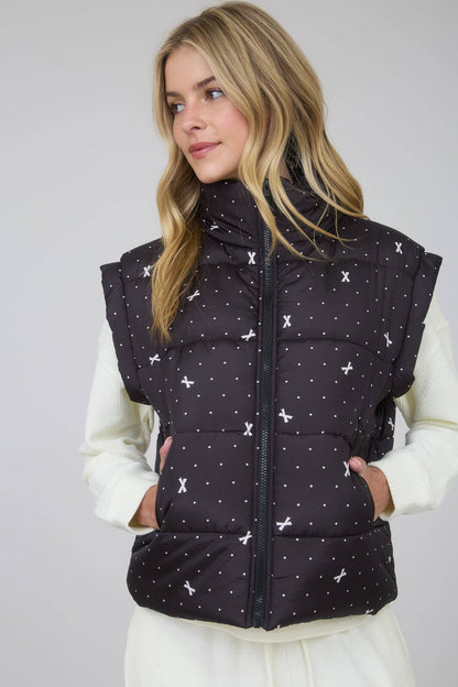 POLKA DOT BOW PATTERN ZIP-UP PUFFER VEST