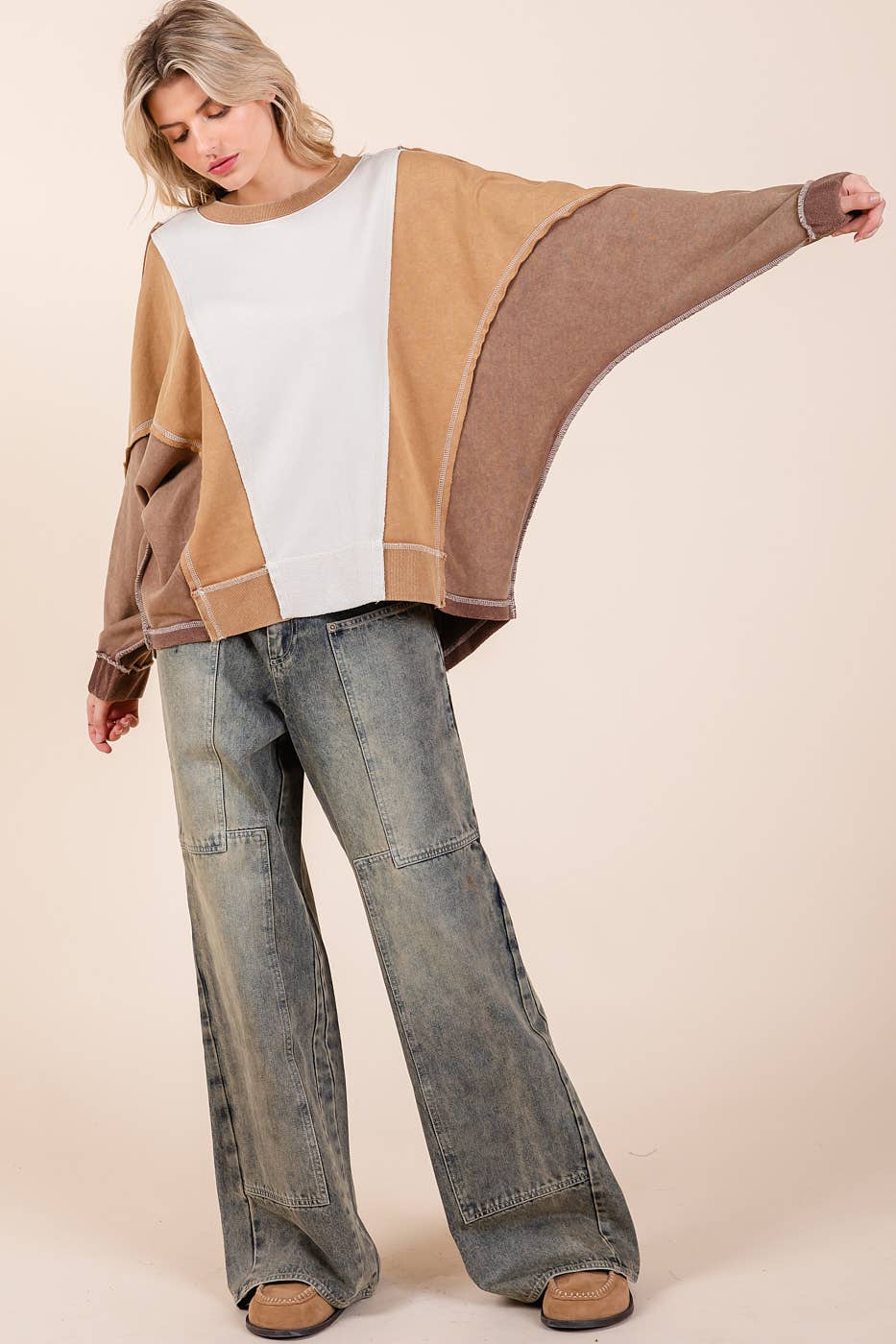 MINERAL WASH COLOR BLOCK DOLMAN SLEEVE PULLOVER
