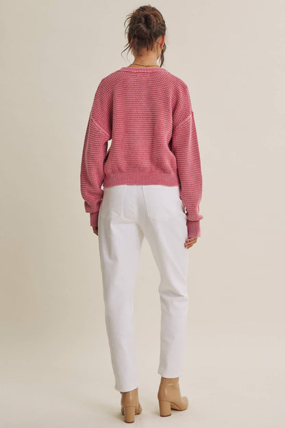 SEASONLESS MINERAL-WASHED COTTON WAFFLE BUTTON-DOWN CARDIGAN: PALE MAUVE