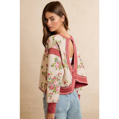 FLORAL BRUSHED TERRY OPEN BACK LONG SLEEVES TOP