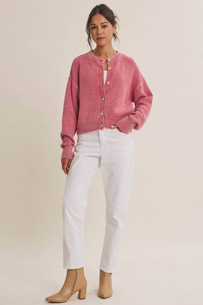 SEASONLESS MINERAL-WASHED COTTON WAFFLE BUTTON-DOWN CARDIGAN: PALE MAUVE