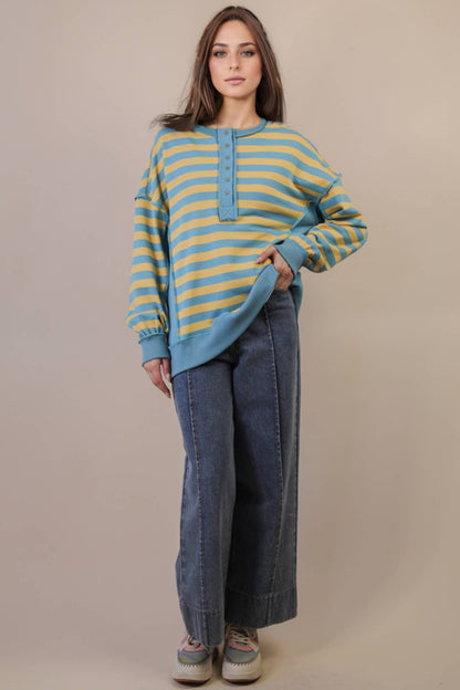 Oversized Striped Half Button Down Casual Knit