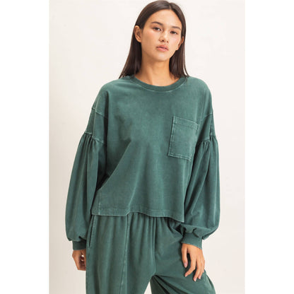 Mineral Wash Puff Long Sleeve Boxy Top: DARK GREEN