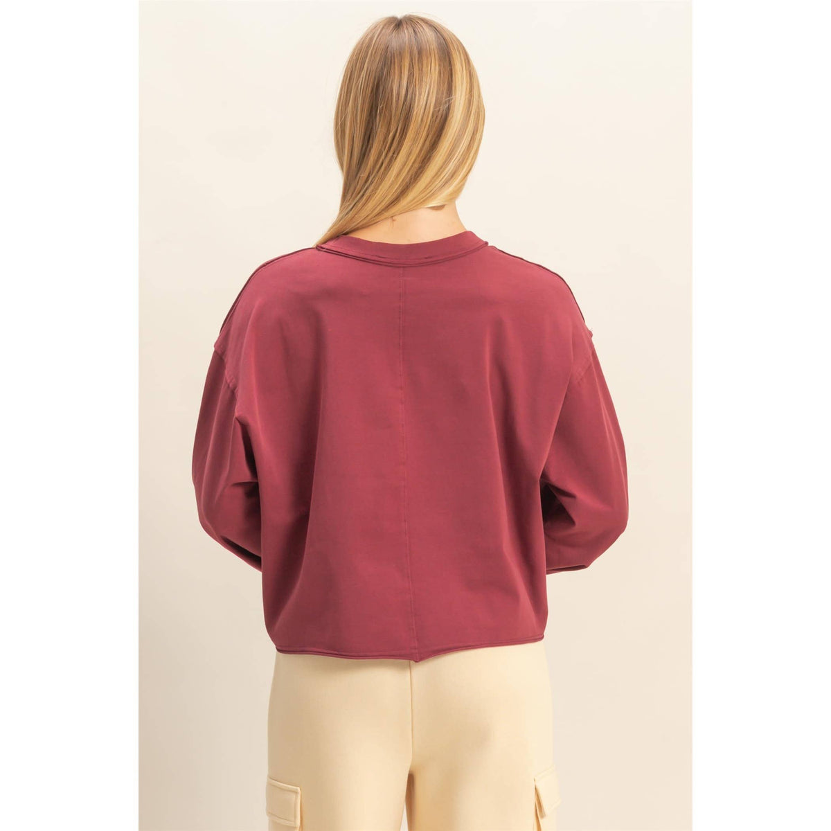 Mineral Washed Casual Long Sleeve Top: WINE
