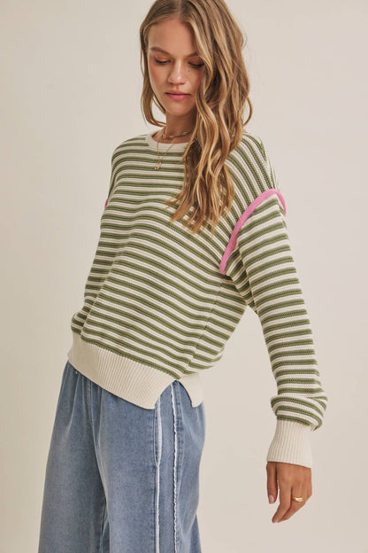 CRISP AIR COTTON SWEATER TOP WITH MODERN POP OF CONTRAST