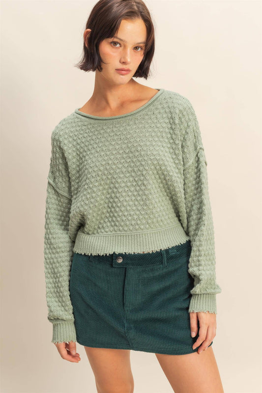 Textured Round Neck Long Sleeve Sweater: SAGE GREEN
