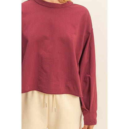 Mineral Washed Casual Long Sleeve Top: WINE