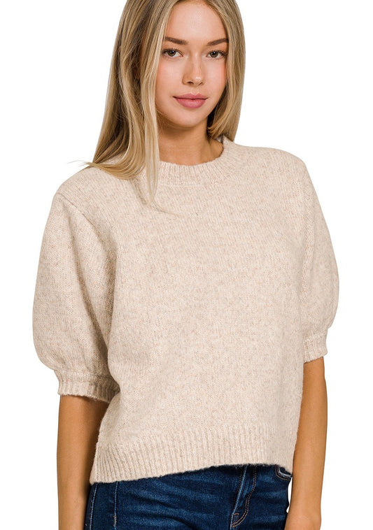 MELANGE PUFF SHORT SLEEVE ROUND NECK SWEATER-SAND BEIGE
