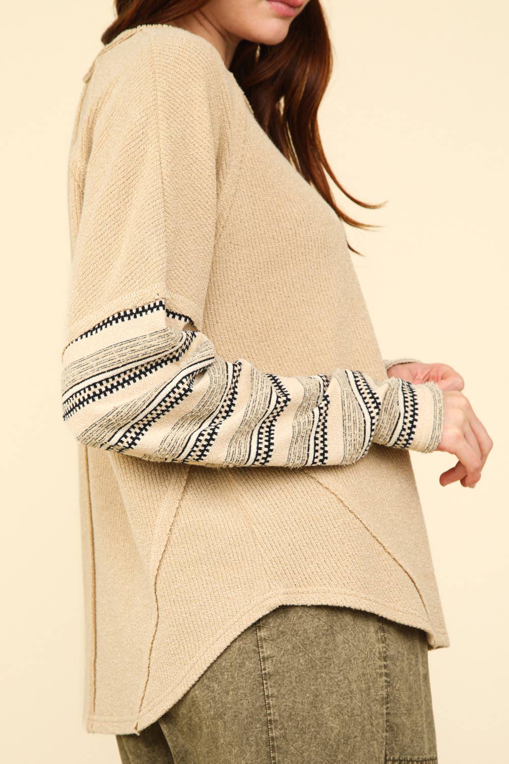 Contrast Striped Sleeve Detail Casual Knit Top